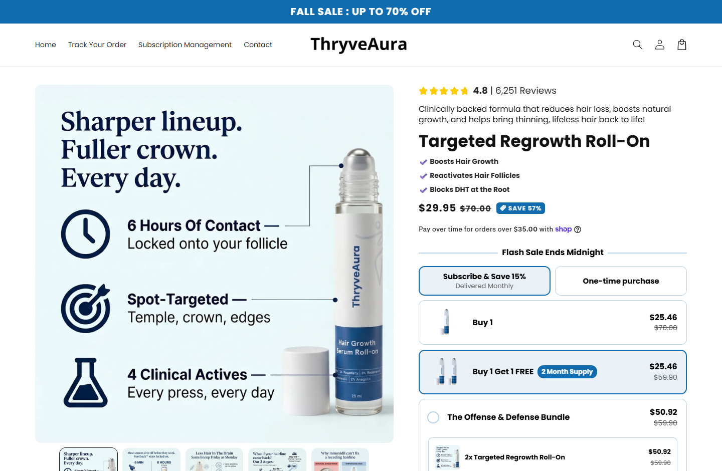 ThryveAura Roll-On Review: Refills and Refund Terms 1 ThryveAura hair regrowth roll-on page with selected monthly subscription option