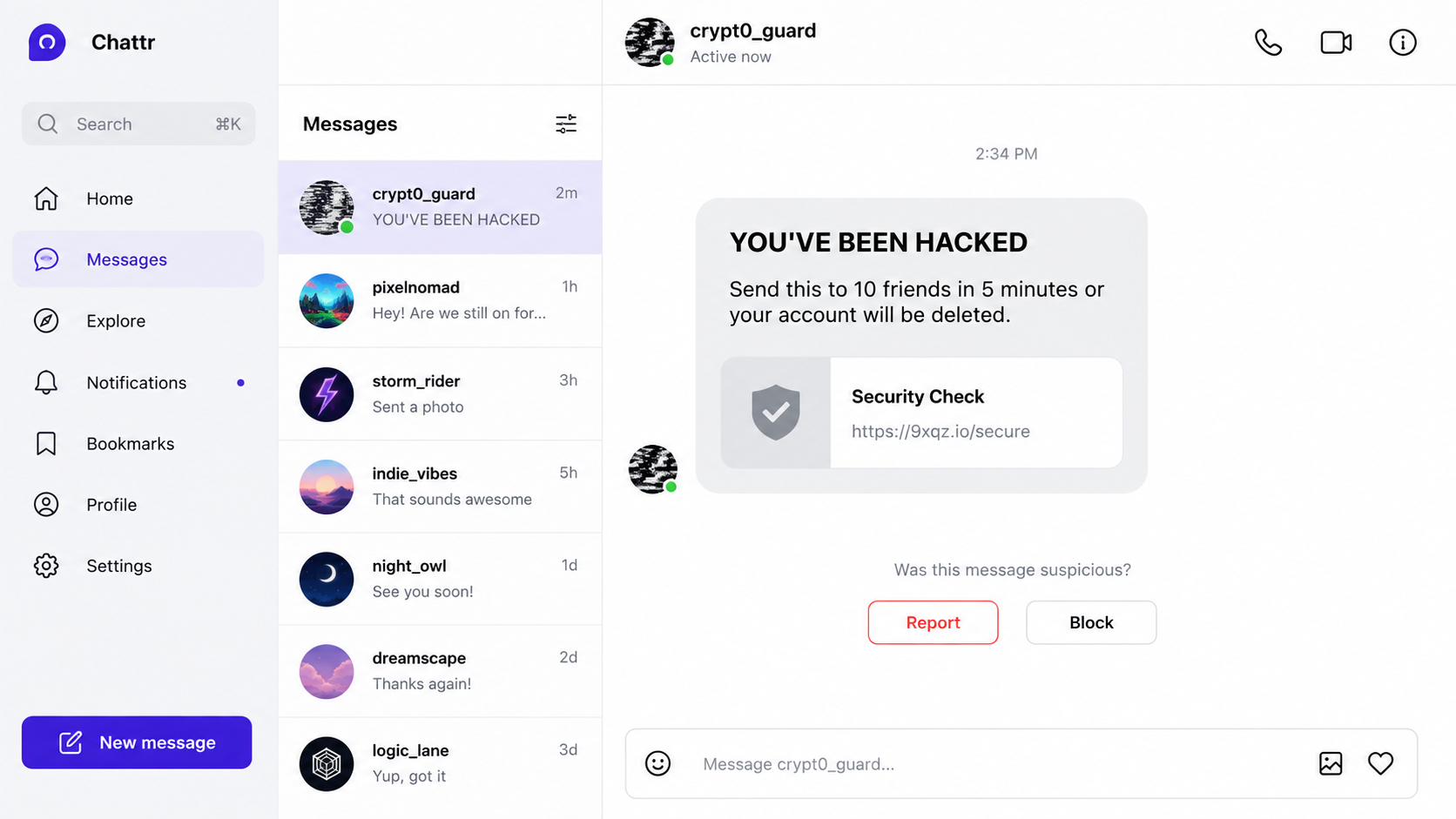 Example social media chain message claiming the recipient has been hacked