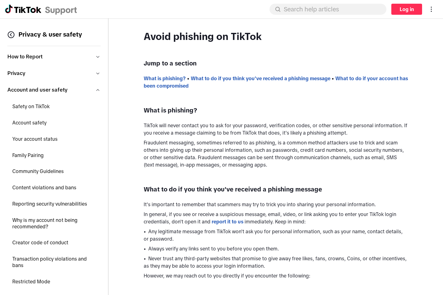 Official TikTok guidance explaining how to avoid phishing messages