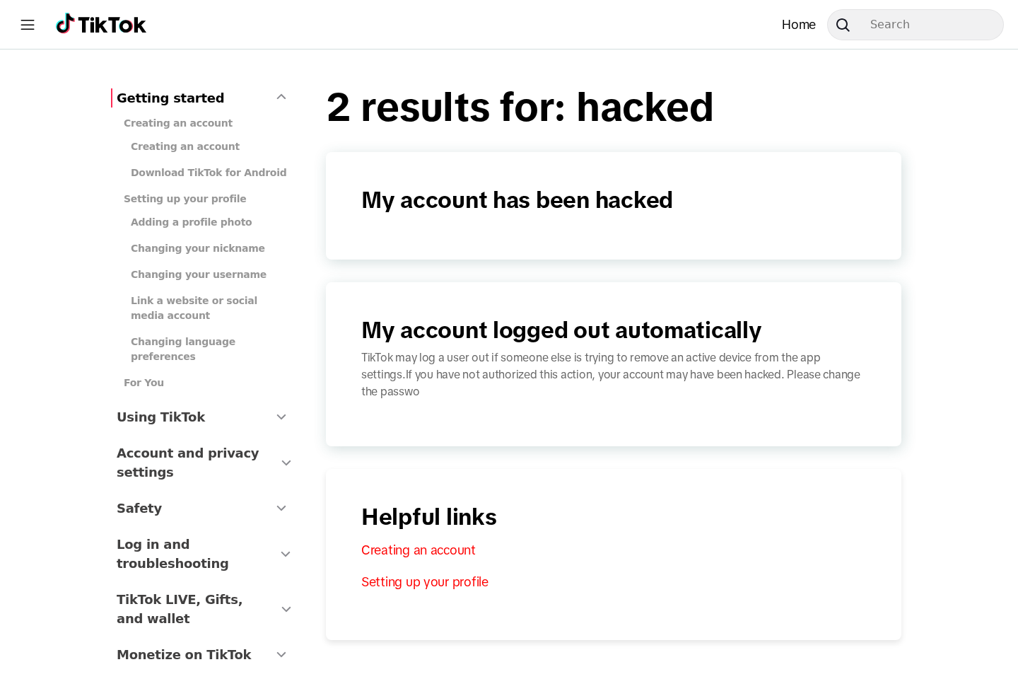 Official TikTok support search showing hacked account recovery information