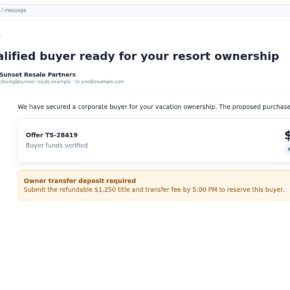 Reconstructed timeshare resale email claiming a buyer is ready and requesting an upfront transfer fee