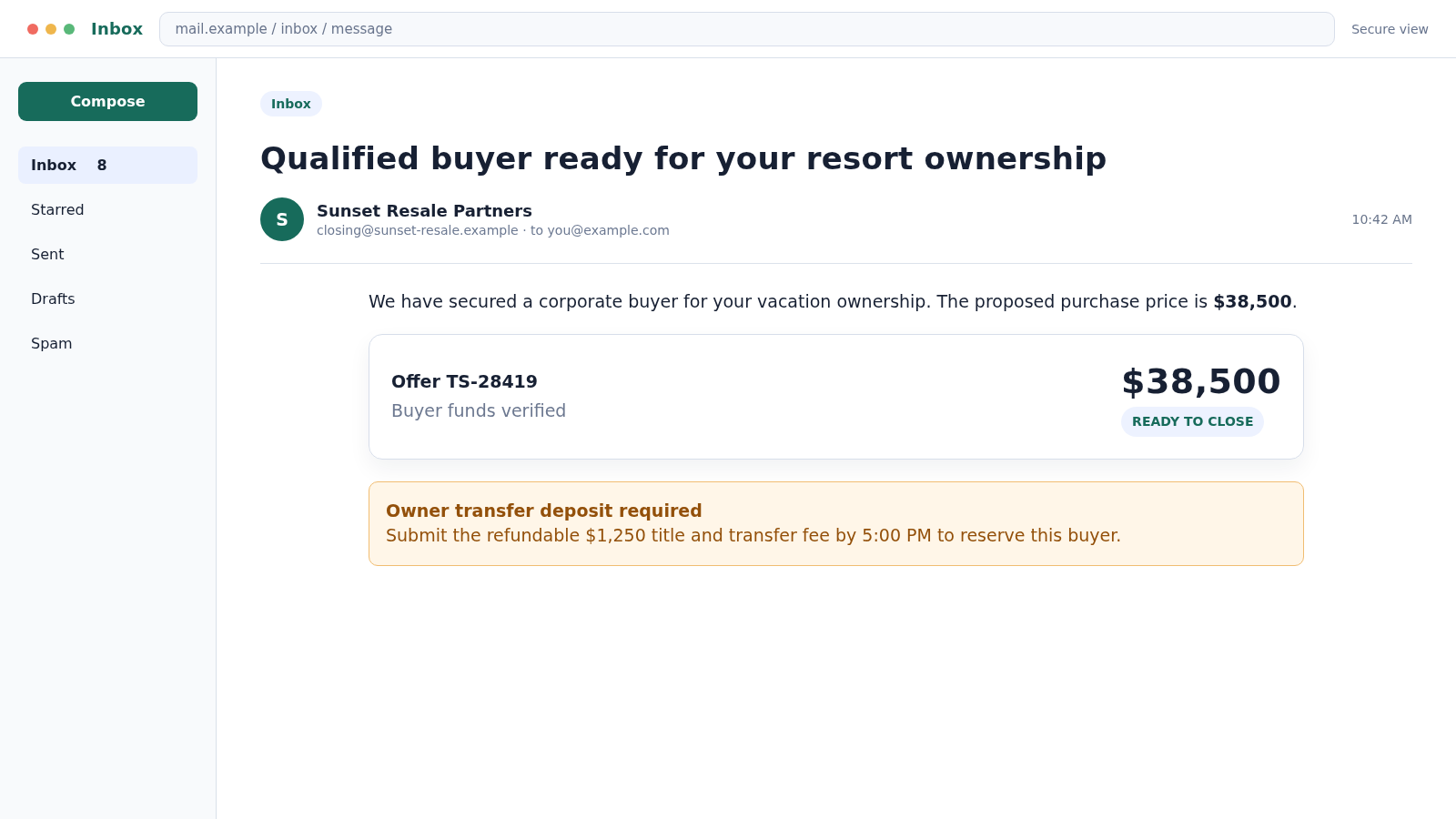 Reconstructed timeshare resale email claiming a buyer is ready and requesting an upfront transfer fee