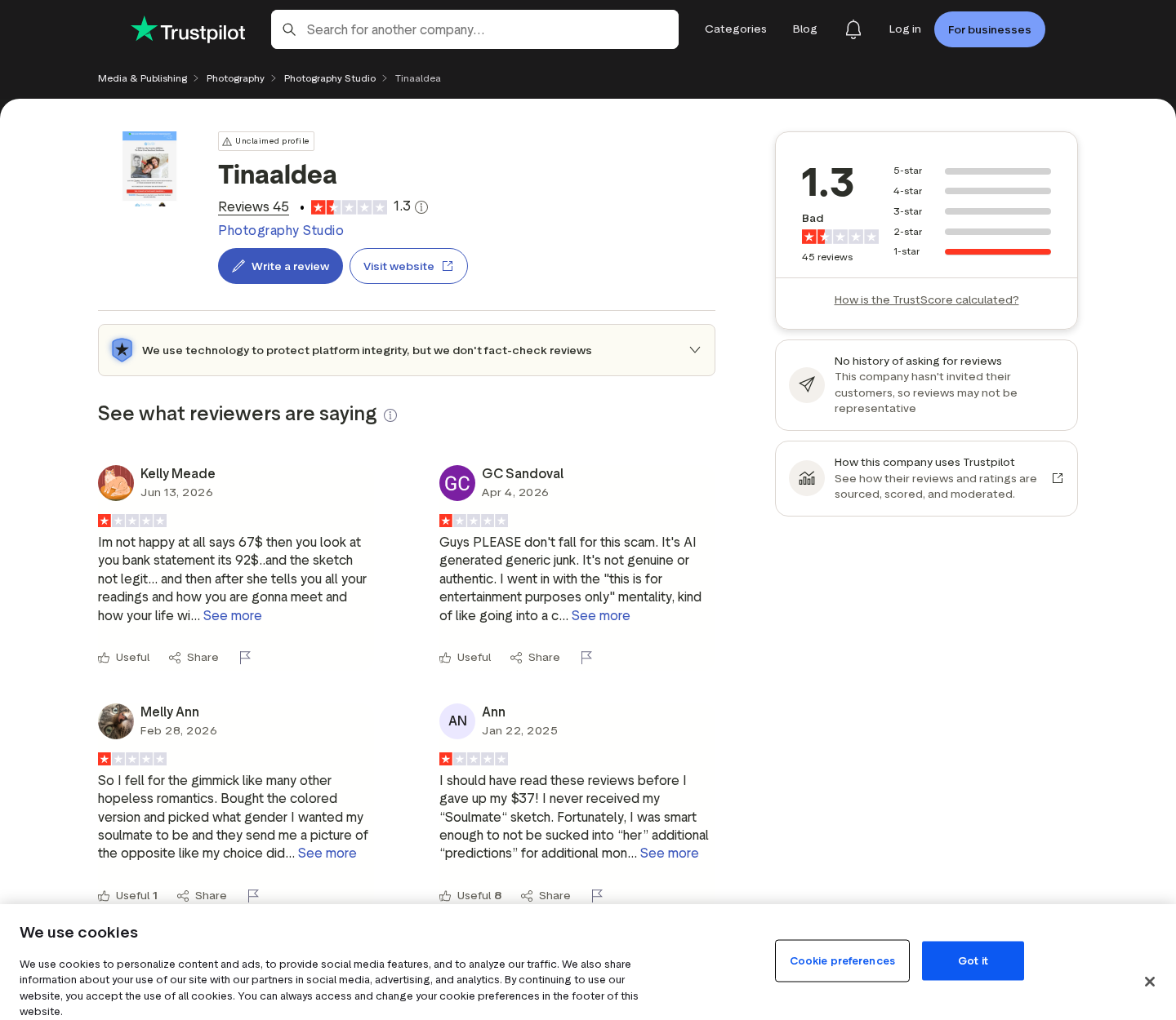 Tina Aldea Trustpilot profile showing customer complaints about sketches charges and service