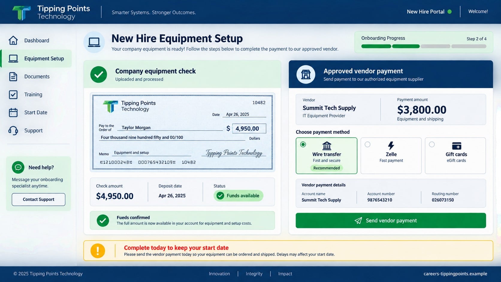 Reconstructed fake new-hire portal directing a $3,800 vendor payment from a $4,950 check