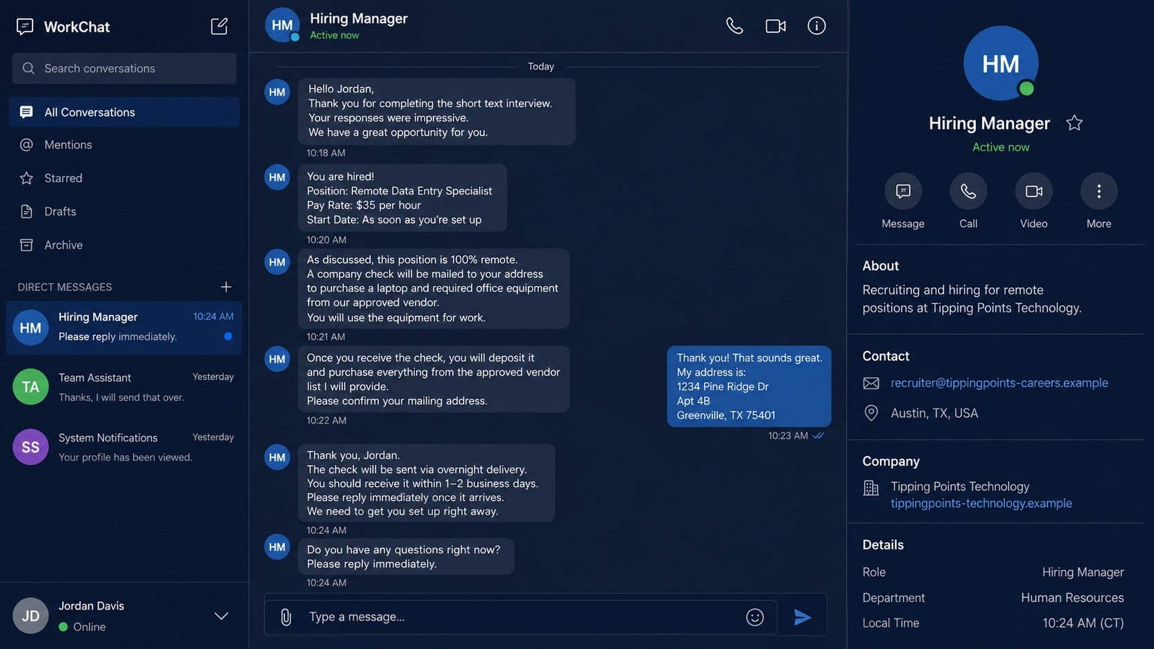 Reconstructed Tipping Points Technology job scam interview conducted entirely through chat