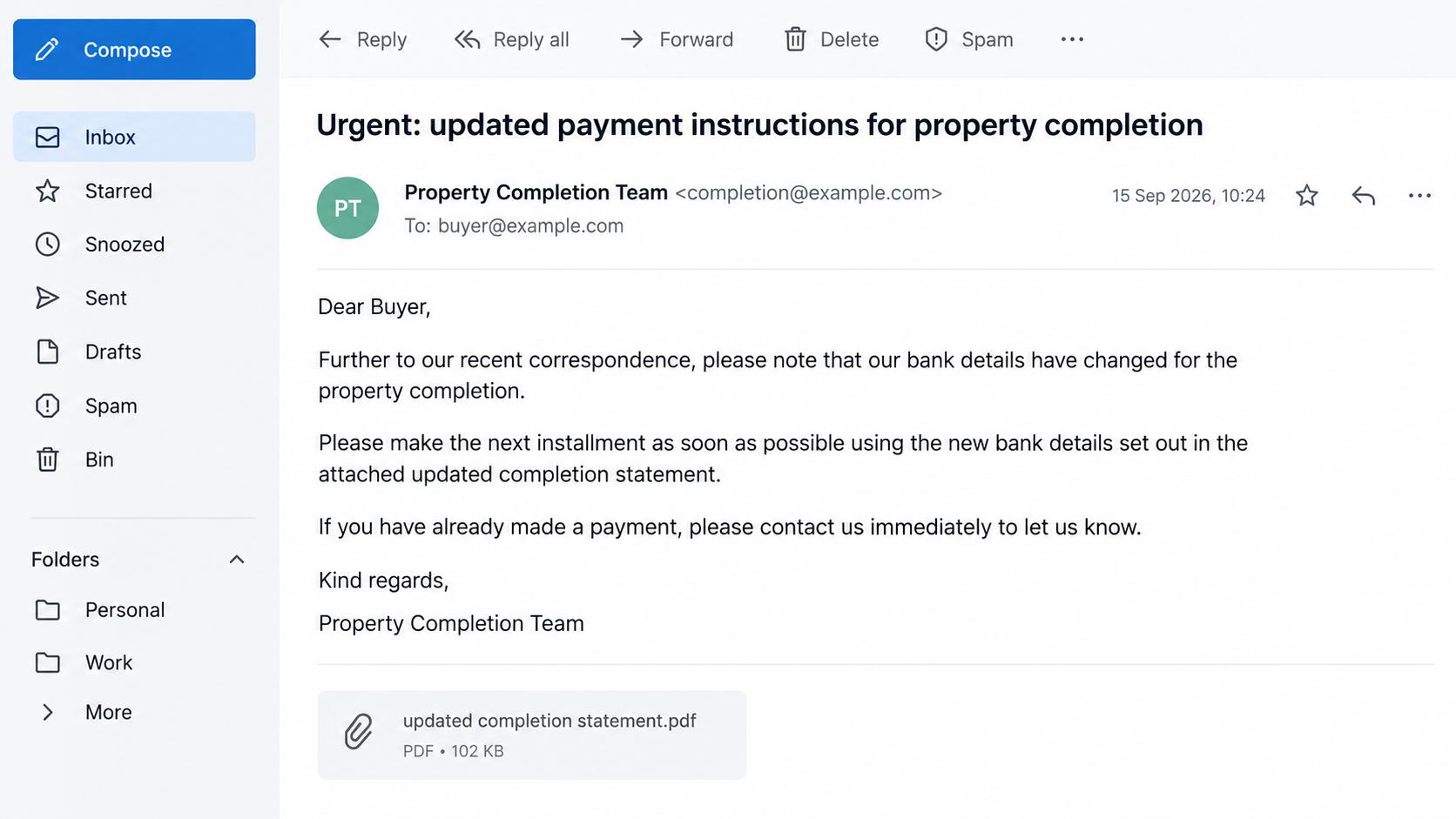 Illustrative reconstruction of a property completion email requesting changed payment details, not a genuine TMJ Legal Services message
