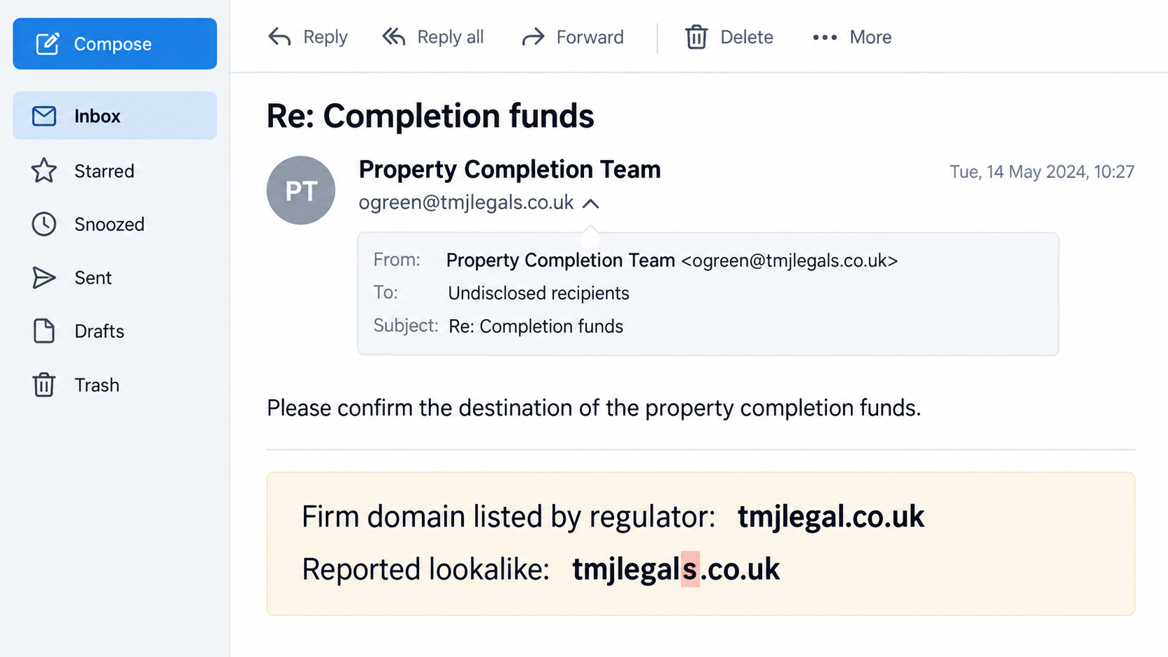 Illustrative comparison of a lookalike property-law email domain with the genuine firm domain