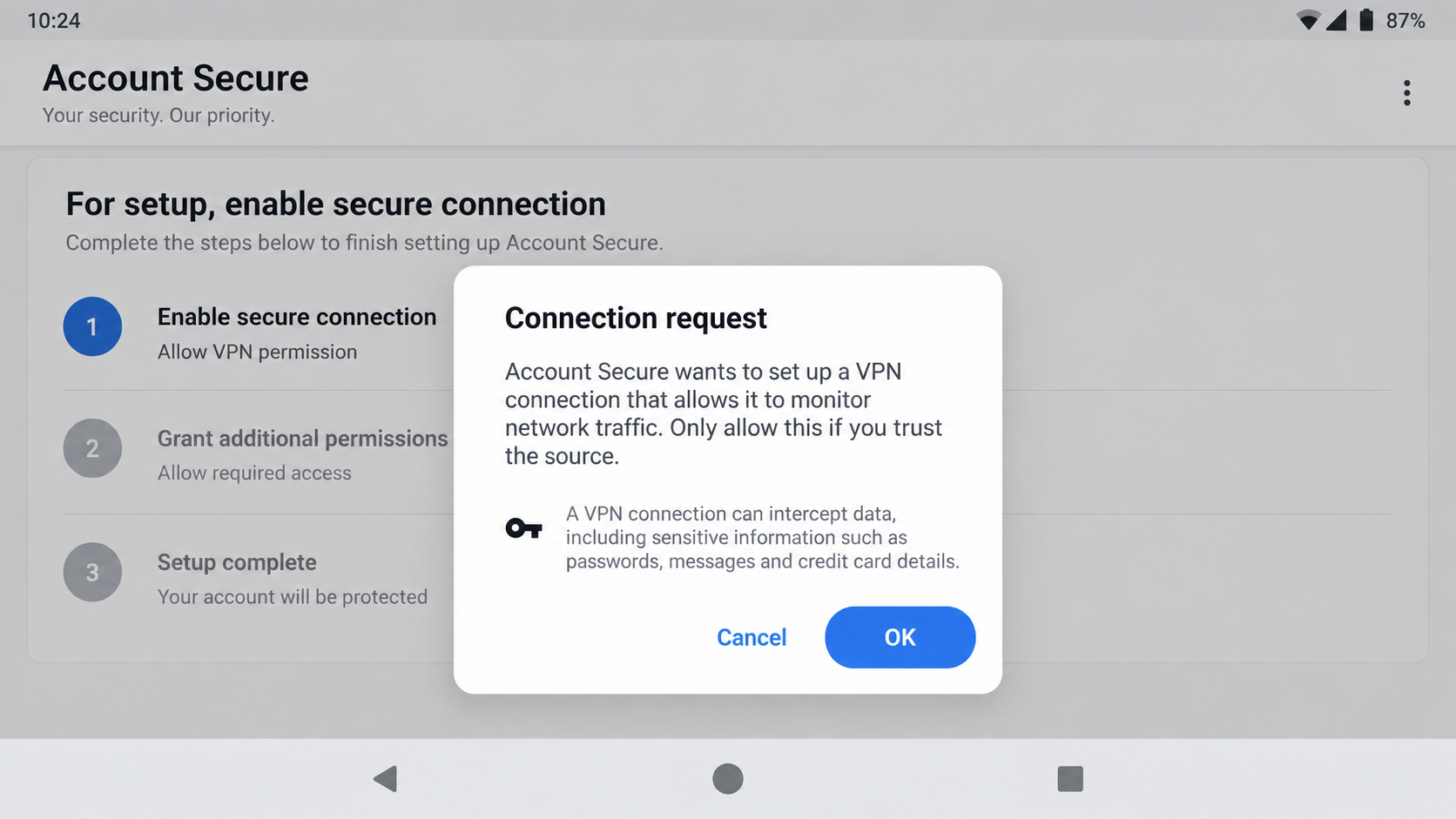 Illustrative Android app setup asking to create a VPN connection
