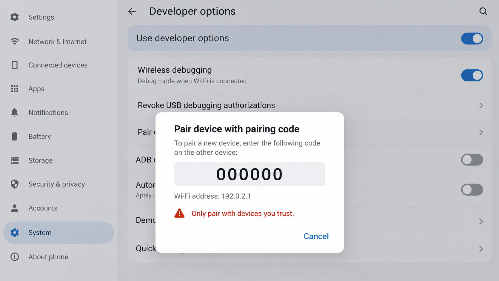 Illustrative Android Wireless Debugging pairing prompt with a placeholder code
