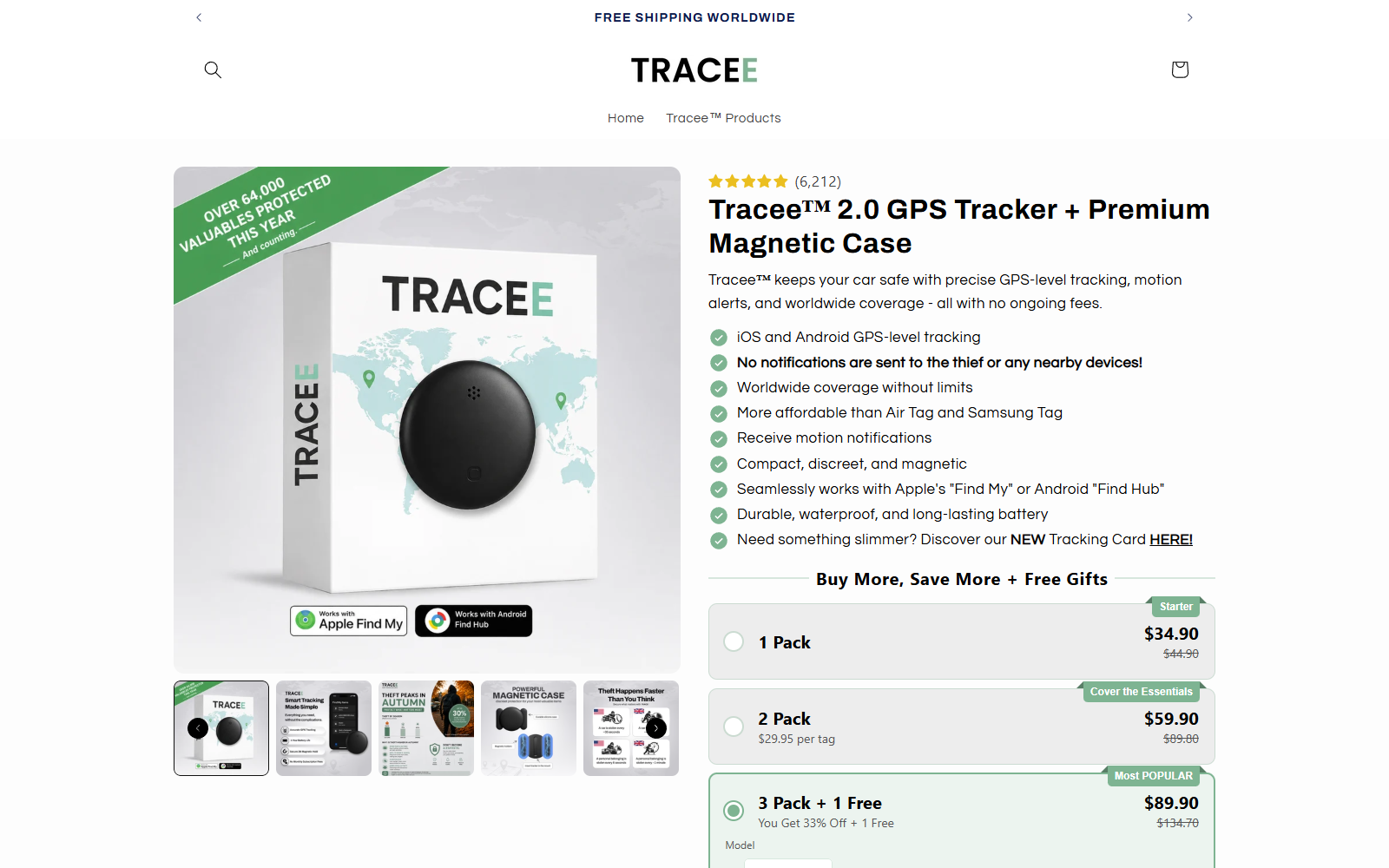 Tracee 2.0 tracker sales page advertising GPS-level tracking and no nearby device notifications