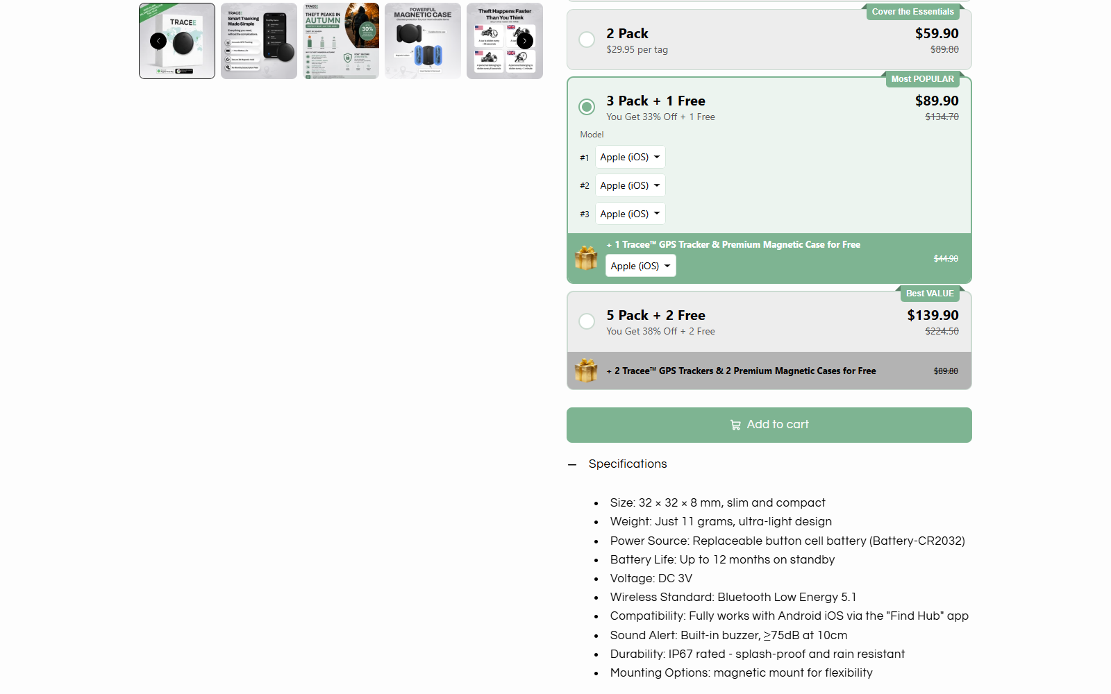Tracee 2.0 specifications listing Bluetooth Low Energy 5.1 and a CR2032 battery