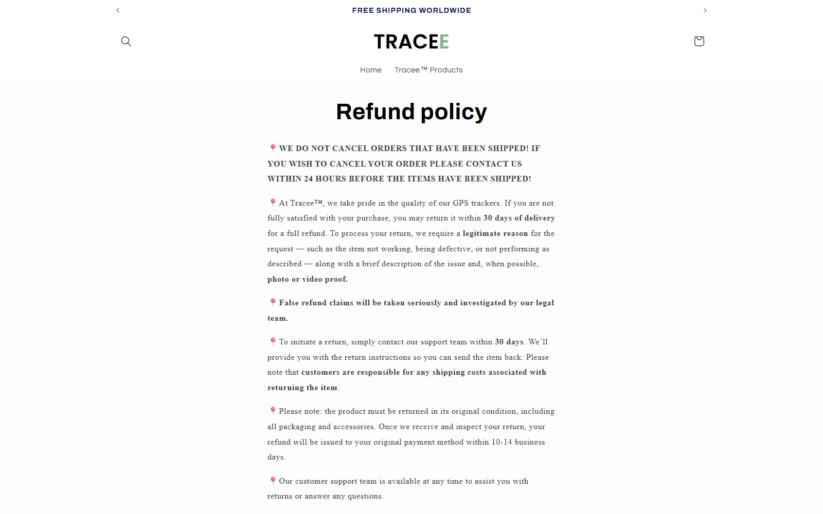 Tracee Tech refund policy requiring a legitimate reason evidence and customer-paid return shipping