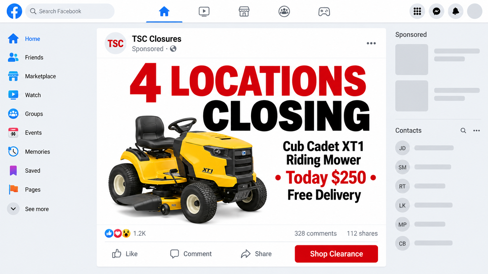 Social media advertisement claiming Tractor Supply stores are selling riding mowers for $250