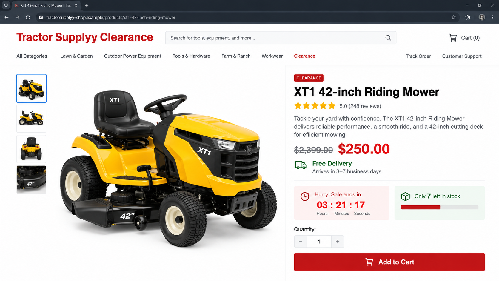 Fake Tractor Supply product page offering a Cub Cadet riding mower for $250