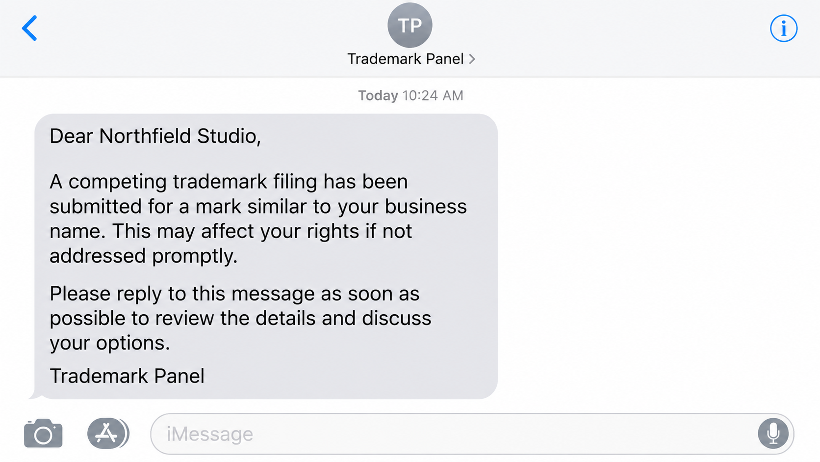 Reconstruction of a Trademark Panel text warning about a competing trademark filing