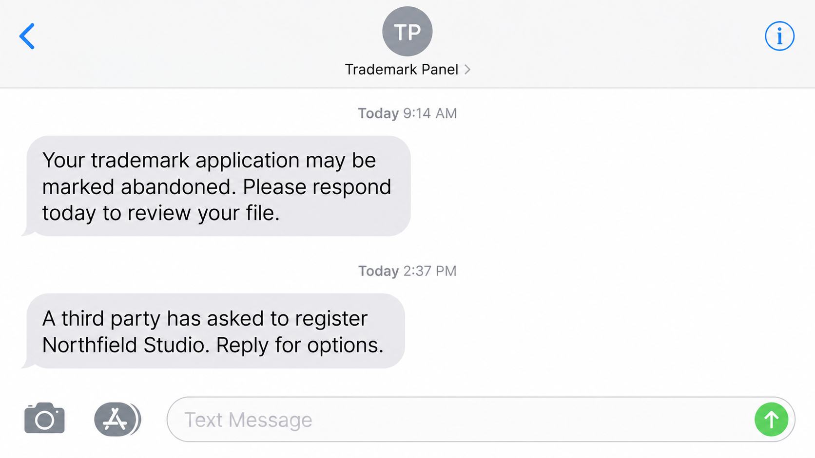 Reconstruction showing fraudulent trademark expiry and rival-filing text messages