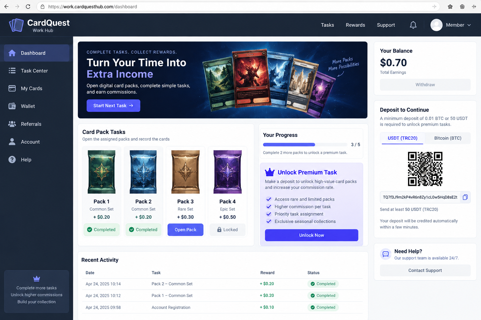 Fictional trading card task job dashboard asking for a cryptocurrency deposit