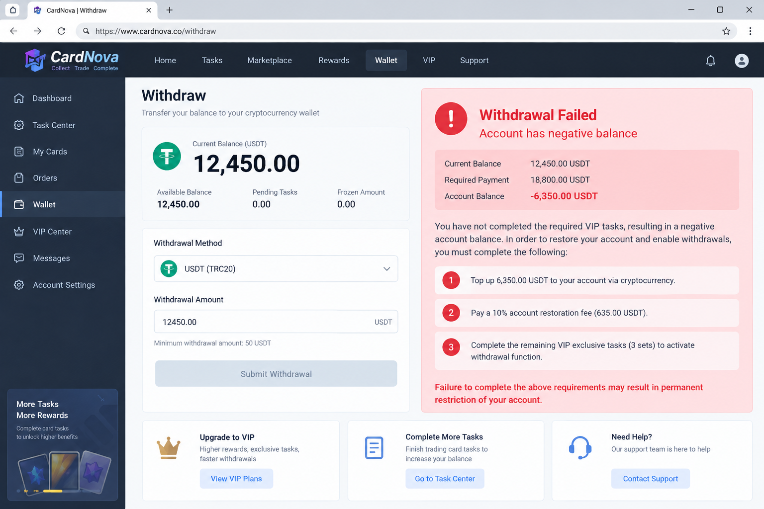 Fictional trading card task platform blocking withdrawal with a negative balance and top-up demands