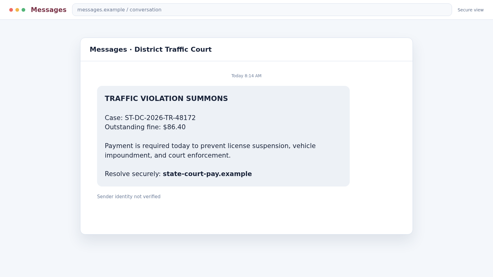 Traffic Court Text Scam: Fake Ticket Threats Steal Card and Personal Data 1 Reconstructed traffic court text scam threatening license suspension over a fake unpaid ticket