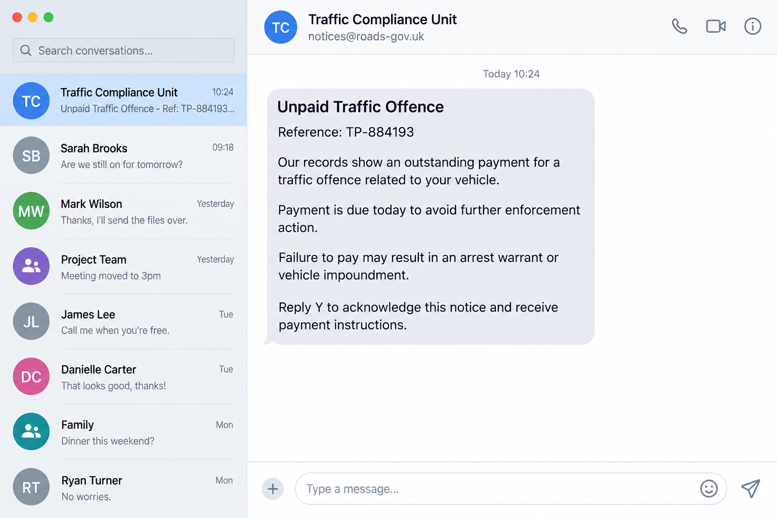 Fictional desktop messaging conversation containing an urgent unpaid traffic offense notice