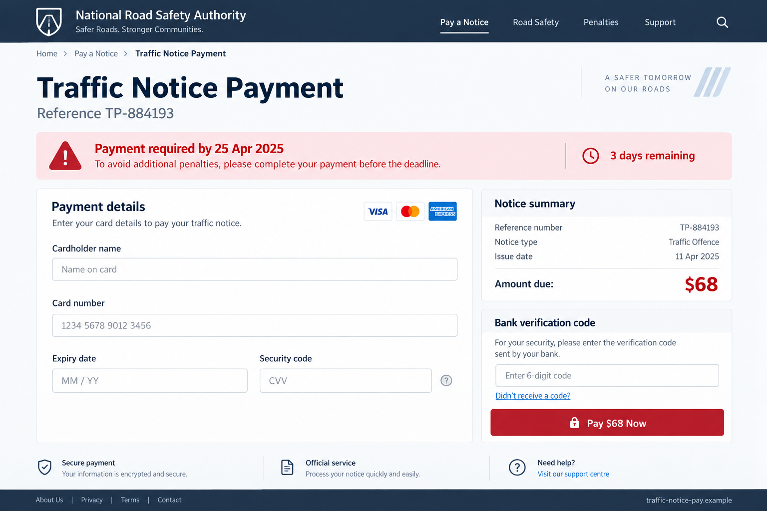 Fictional traffic notice payment portal requesting card information and a bank verification code