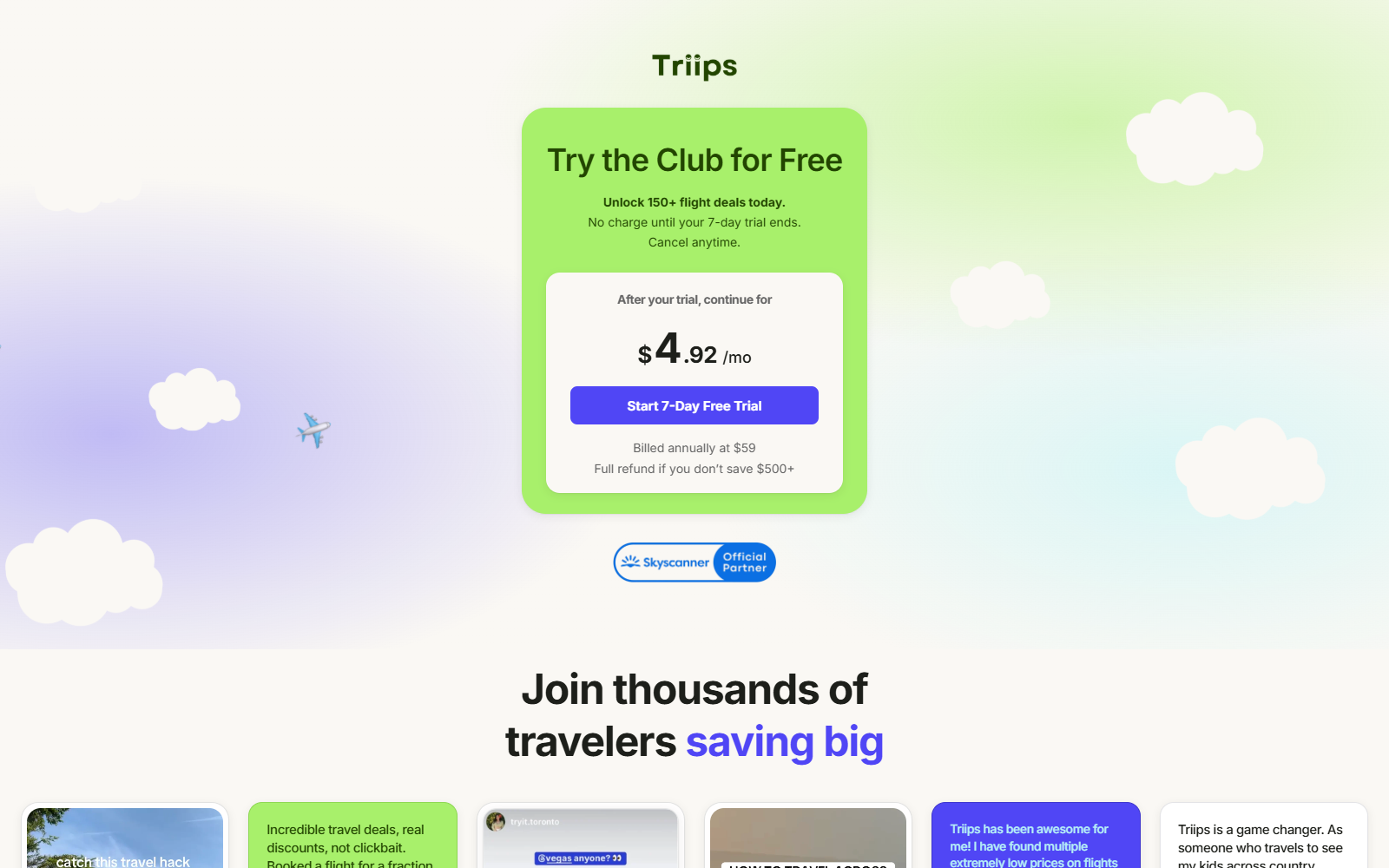 Triips Fair Fares Club Review: Free Trial, Billing and Refund Risks Exposed 1 Triips pricing page advertising a seven-day trial followed by annual membership billing