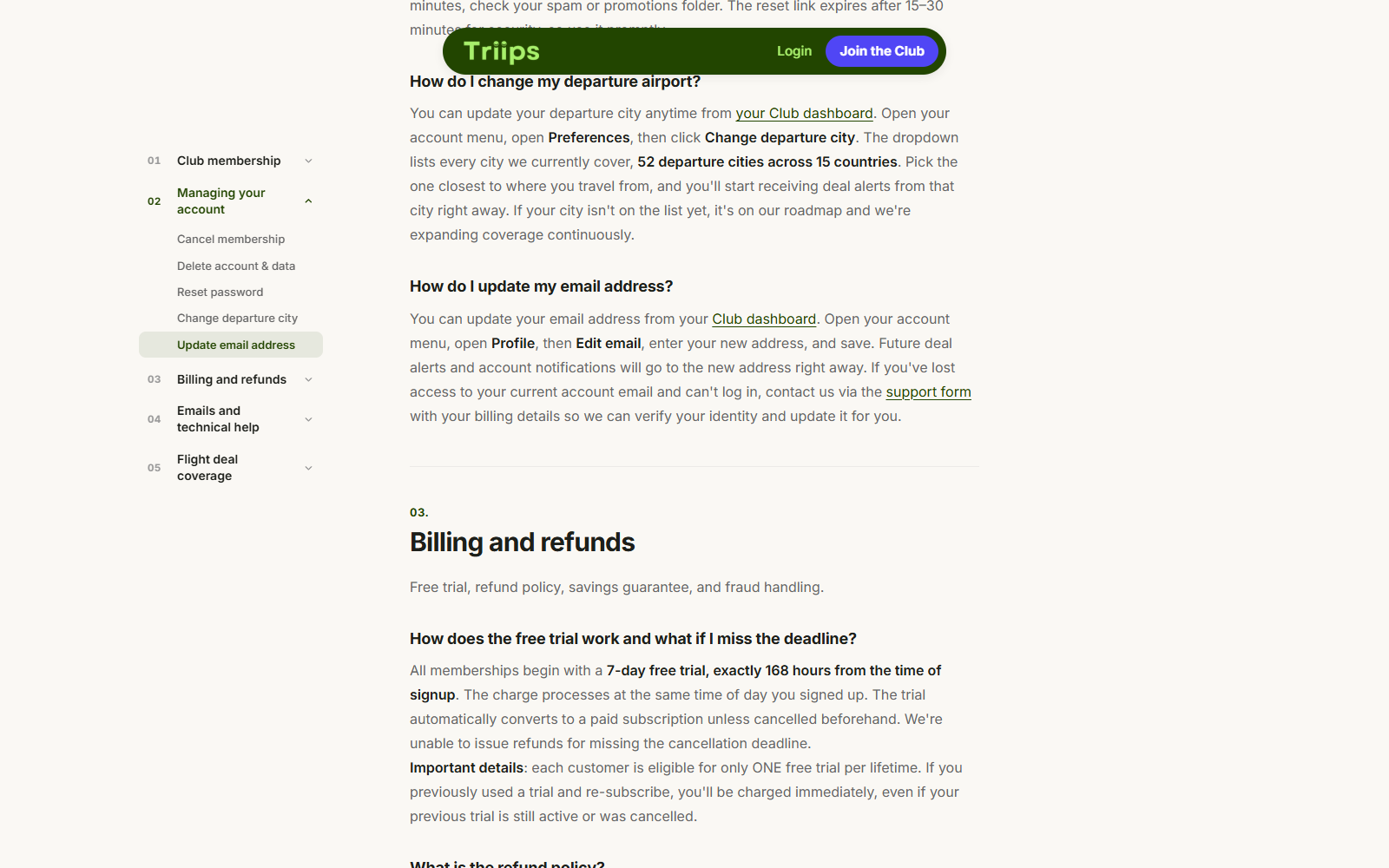 Triips Fair Fares Club Review: Free Trial, Billing and Refund Risks Exposed 2 Triips FAQ explaining automatic trial conversion and the no-refund billing policy