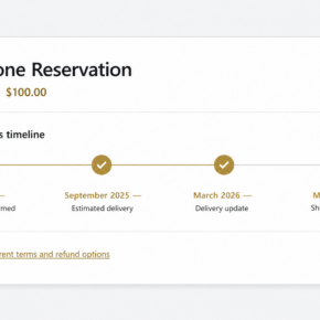 T1 phone reservation timeline showing a $100 deposit and changing delivery updates