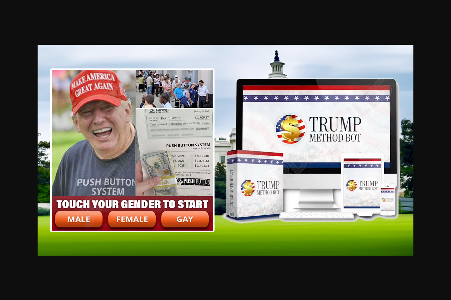 Fake social media promotion for a Trump push-button income system