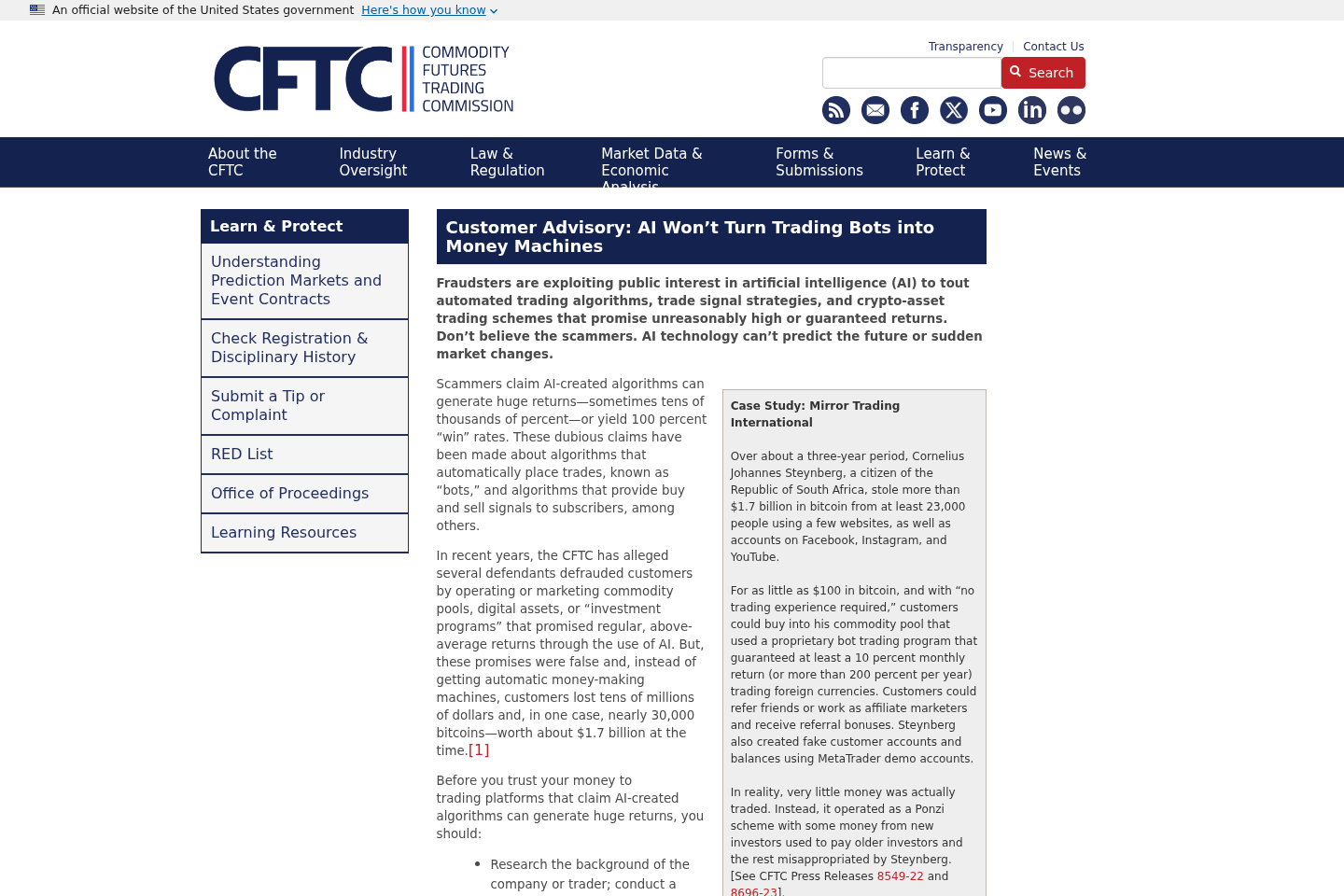 CFTC consumer advisory warning that AI trading bots cannot create guaranteed money machines