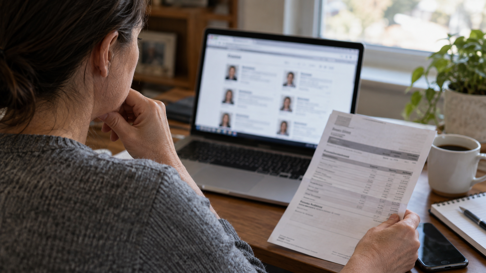 Editorial illustration of a person reviewing a generic people-search result on a laptop, not a TruthFinder website screenshot