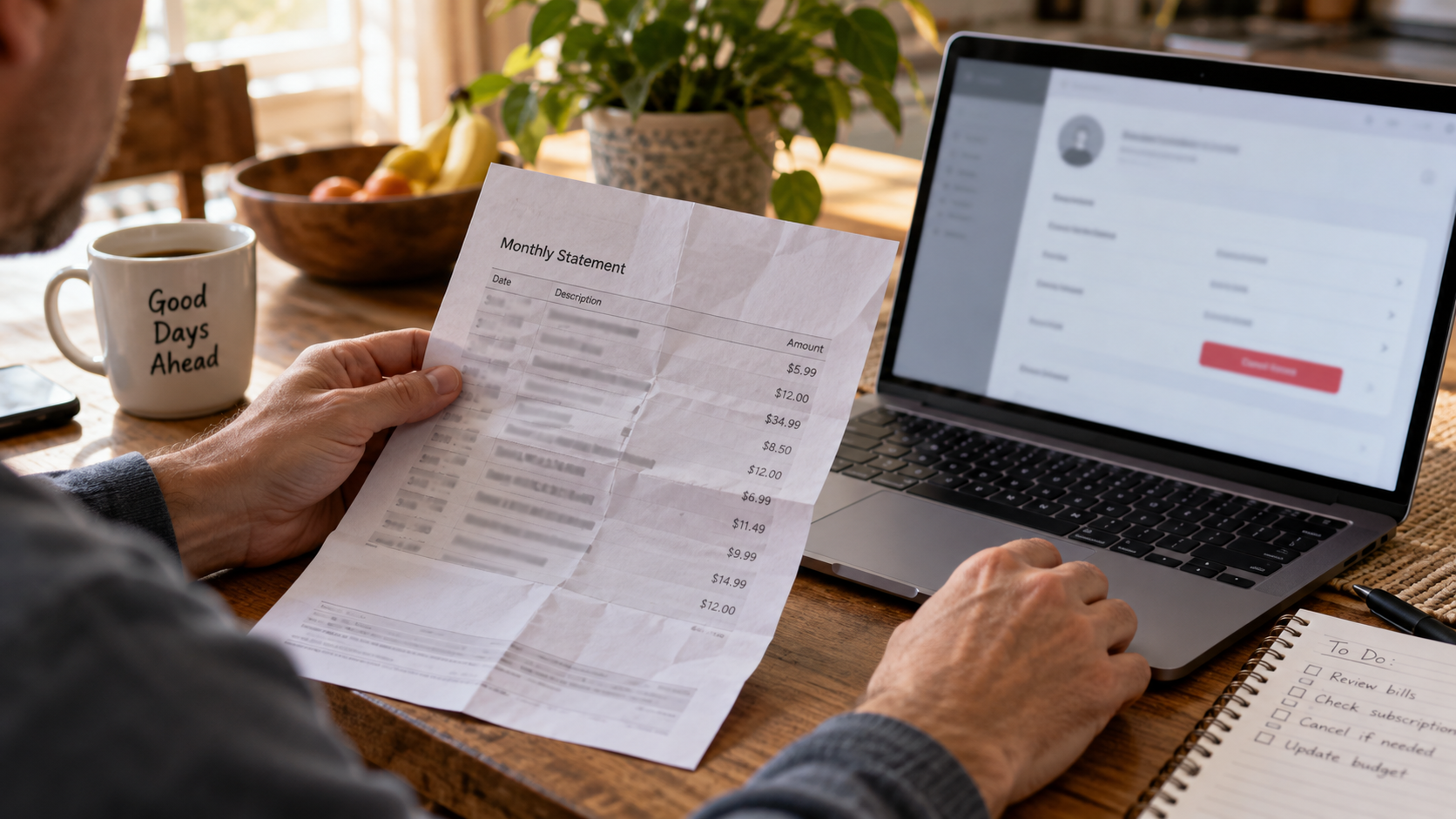 Editorial illustration of a generic monthly bank statement and account settings, not a TruthFinder website screenshot