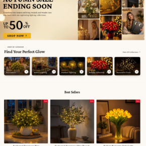 TwinklingTree homepage advertising decorative lights with an autumn sale and large review counts