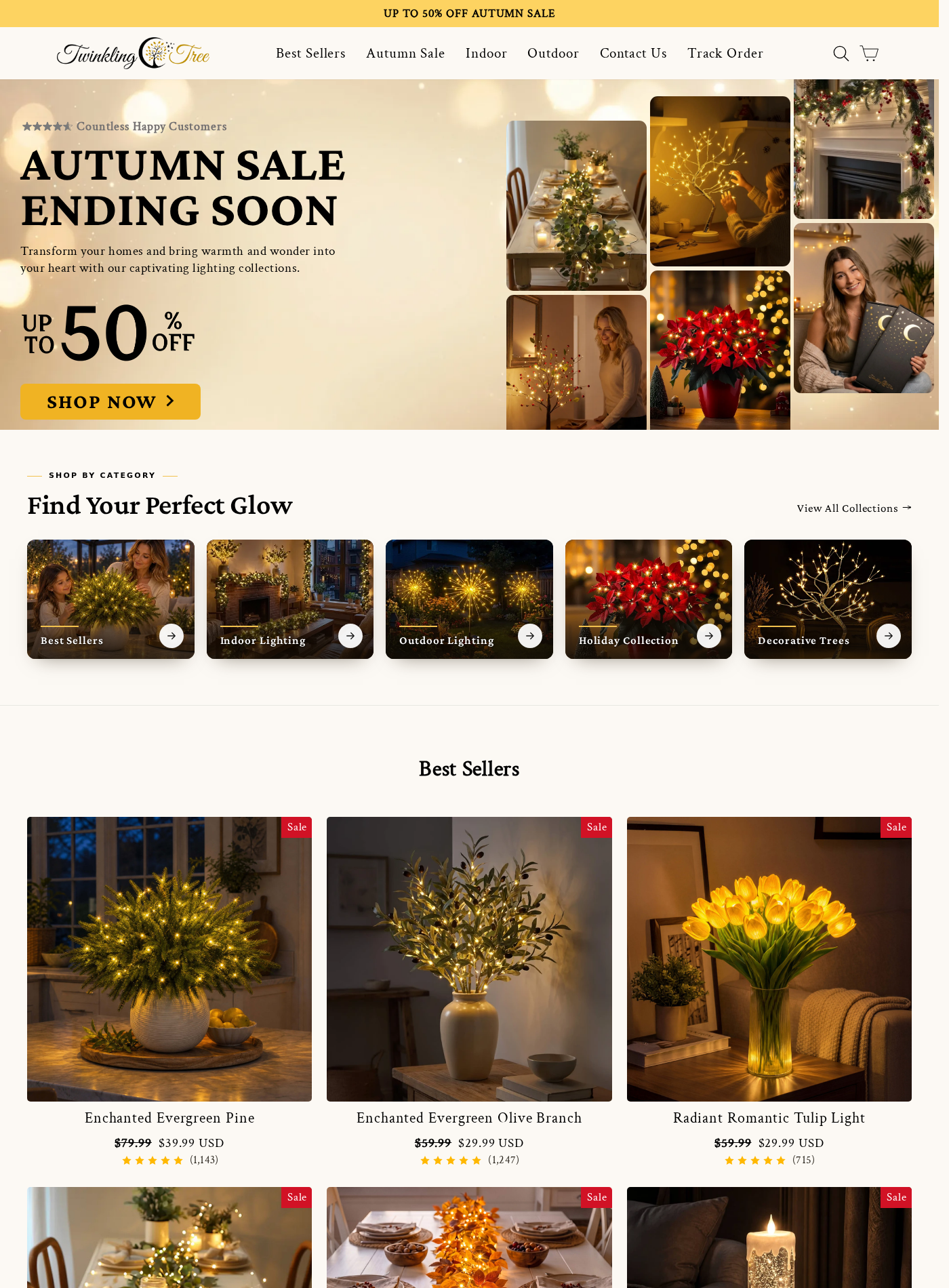 TwinklingTree homepage advertising decorative lights with an autumn sale and large review counts