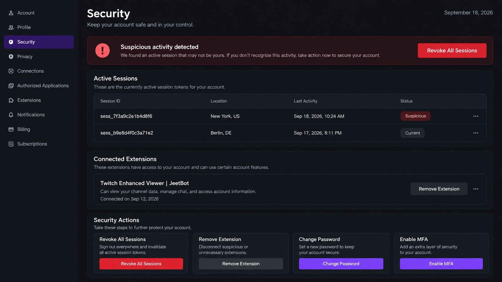 Account security dashboard for revoking sessions after token theft