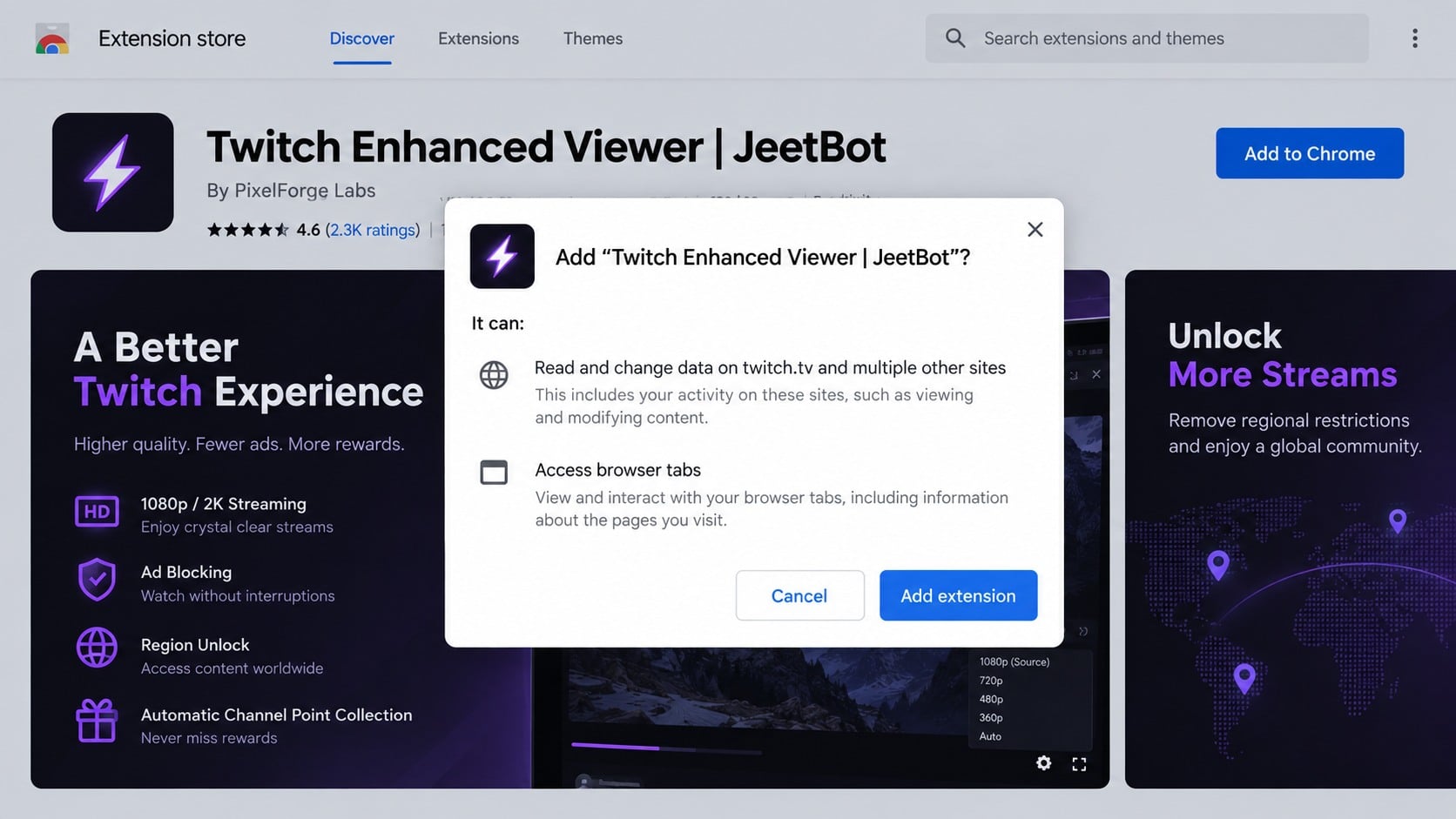 Twitch Enhanced Viewer installation prompt requesting broad browser permissions