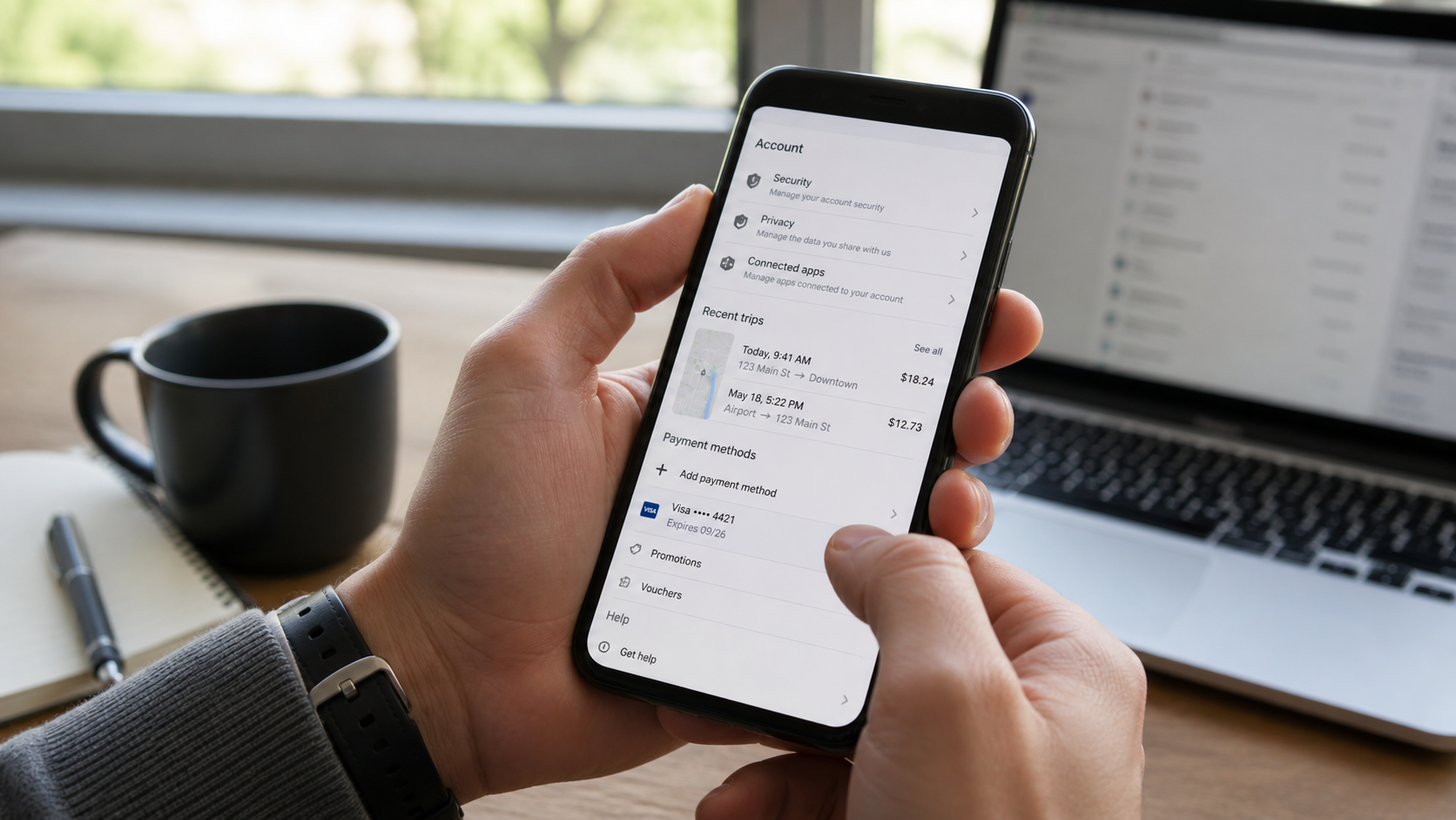 Person checking Uber account security directly in the official mobile app after receiving a suspicious text