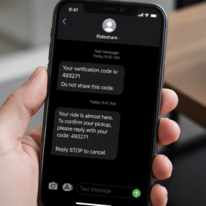 Realistic Uber text message scam showing an unexpected verification code and a fraudulent request to share it