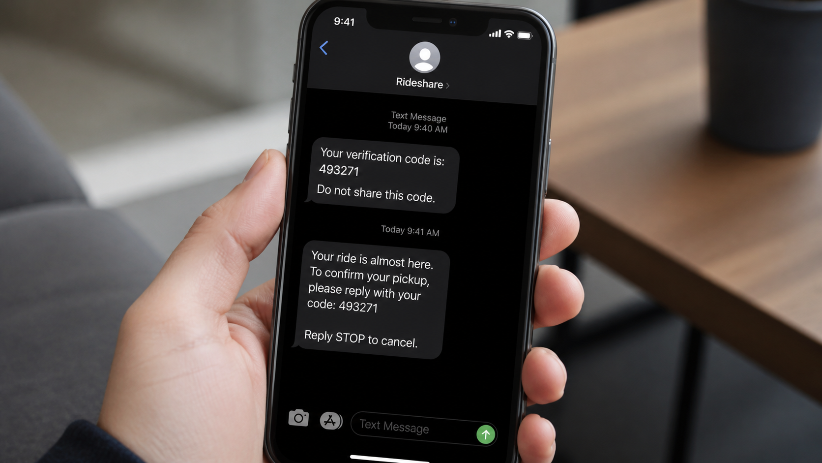 Realistic Uber text message scam showing an unexpected verification code and a fraudulent request to share it