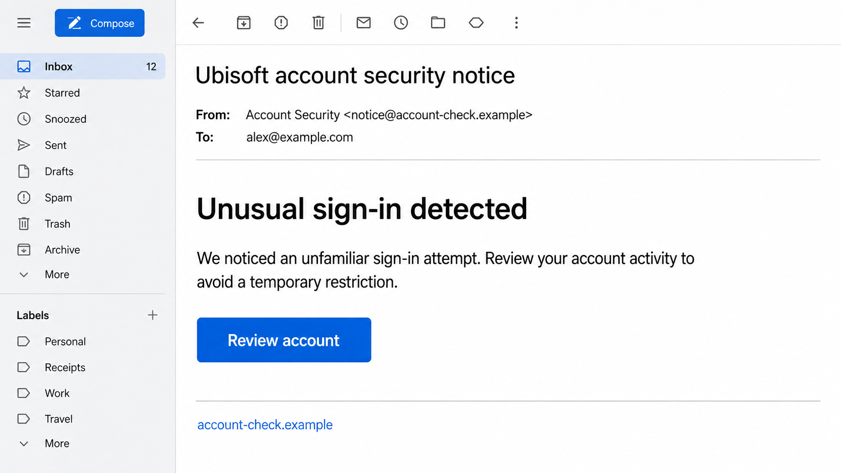 Reconstructed Ubisoft email scam warning about an unfamiliar sign-in