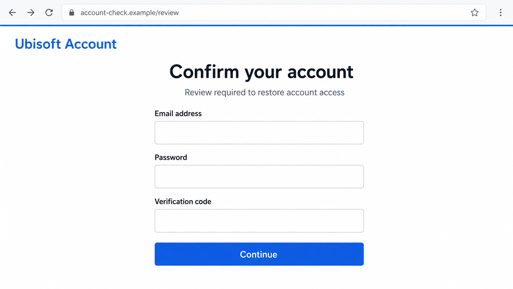 Reconstructed fake Ubisoft account confirmation page requesting login details and a code