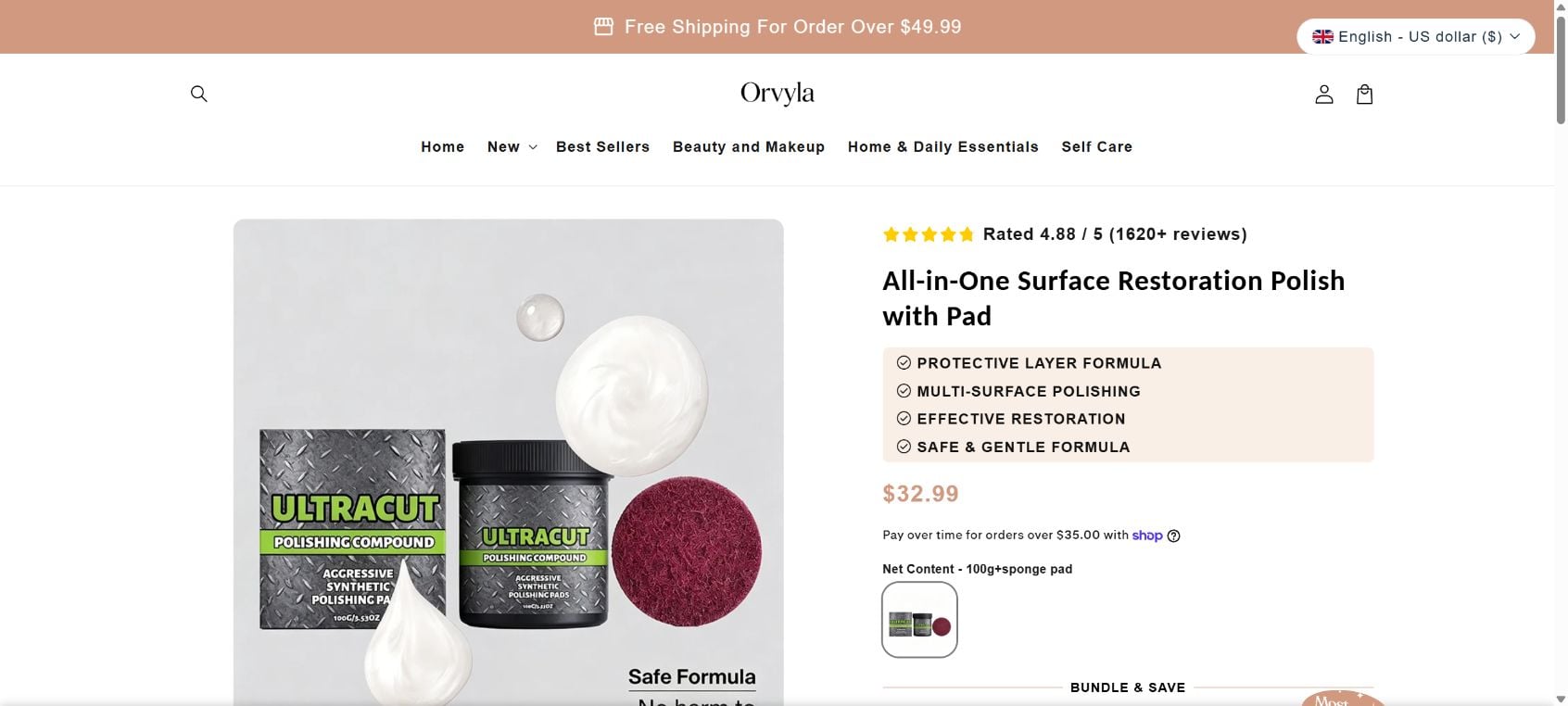 UltraCut Polishing Compound product page showing the jar, pad, price, rating, and restoration claims