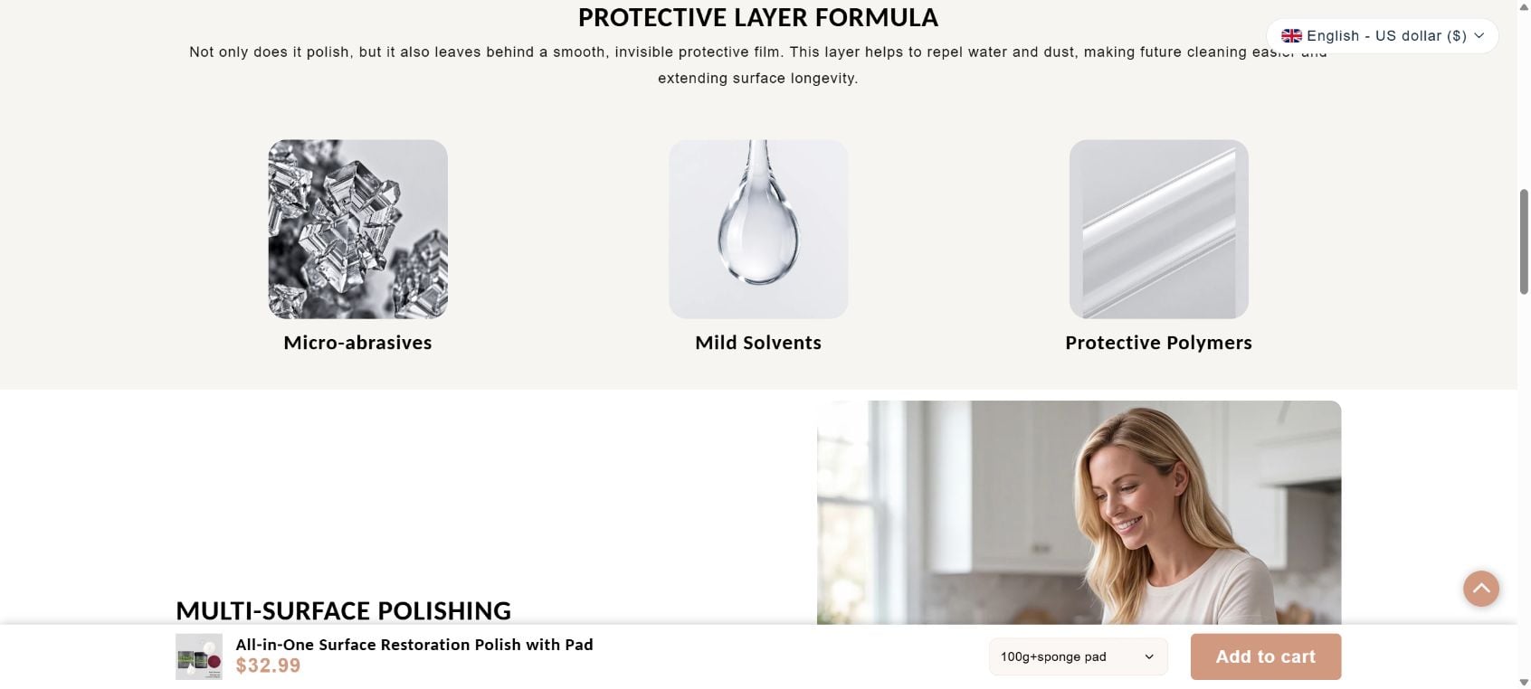 UltraCut product page naming micro-abrasives, mild solvents, and protective polymers