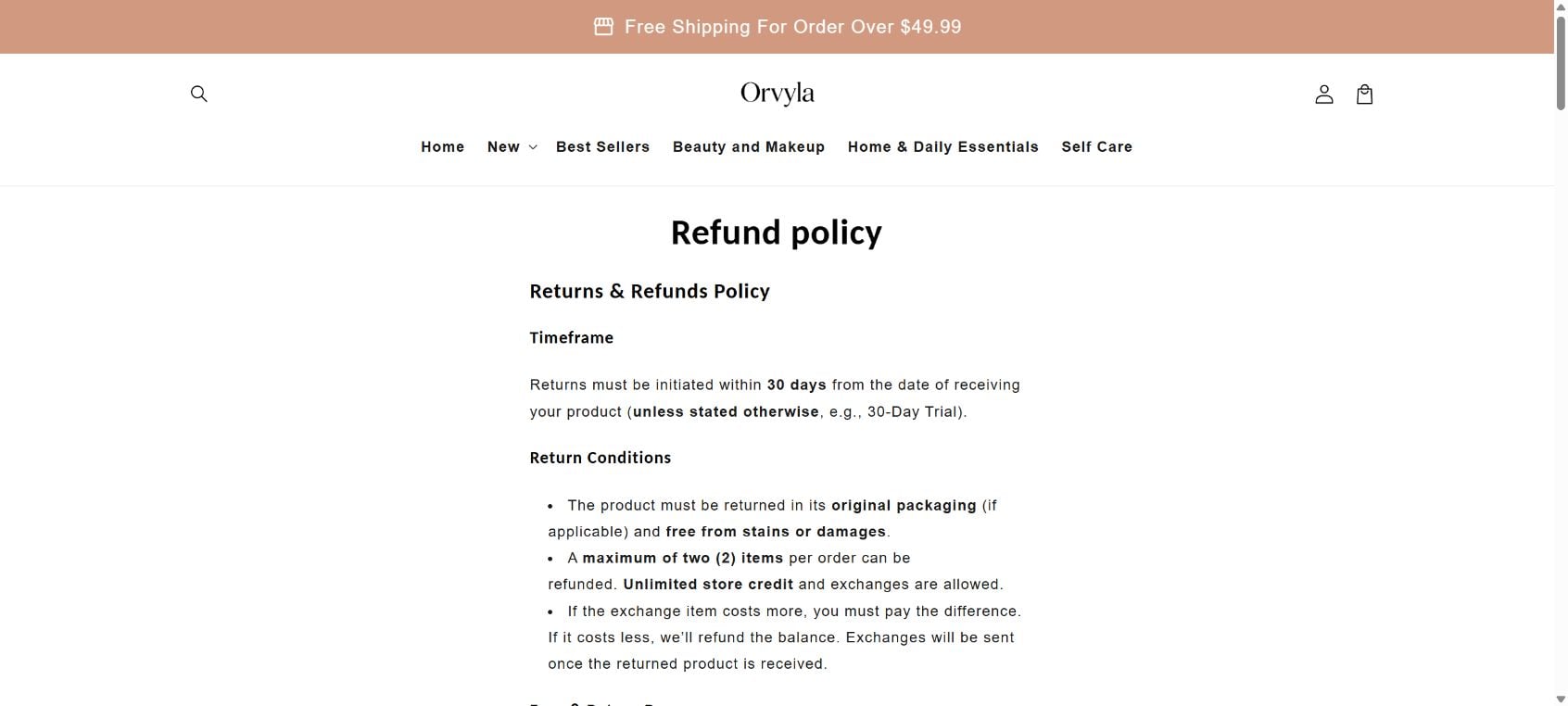 Orvyla refund policy showing the 30-day period, original packaging requirement, and two-item refund limit