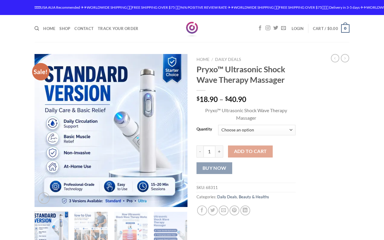 Product page for an ultrasonic shock wave therapy massager with blue-tipped pen devices