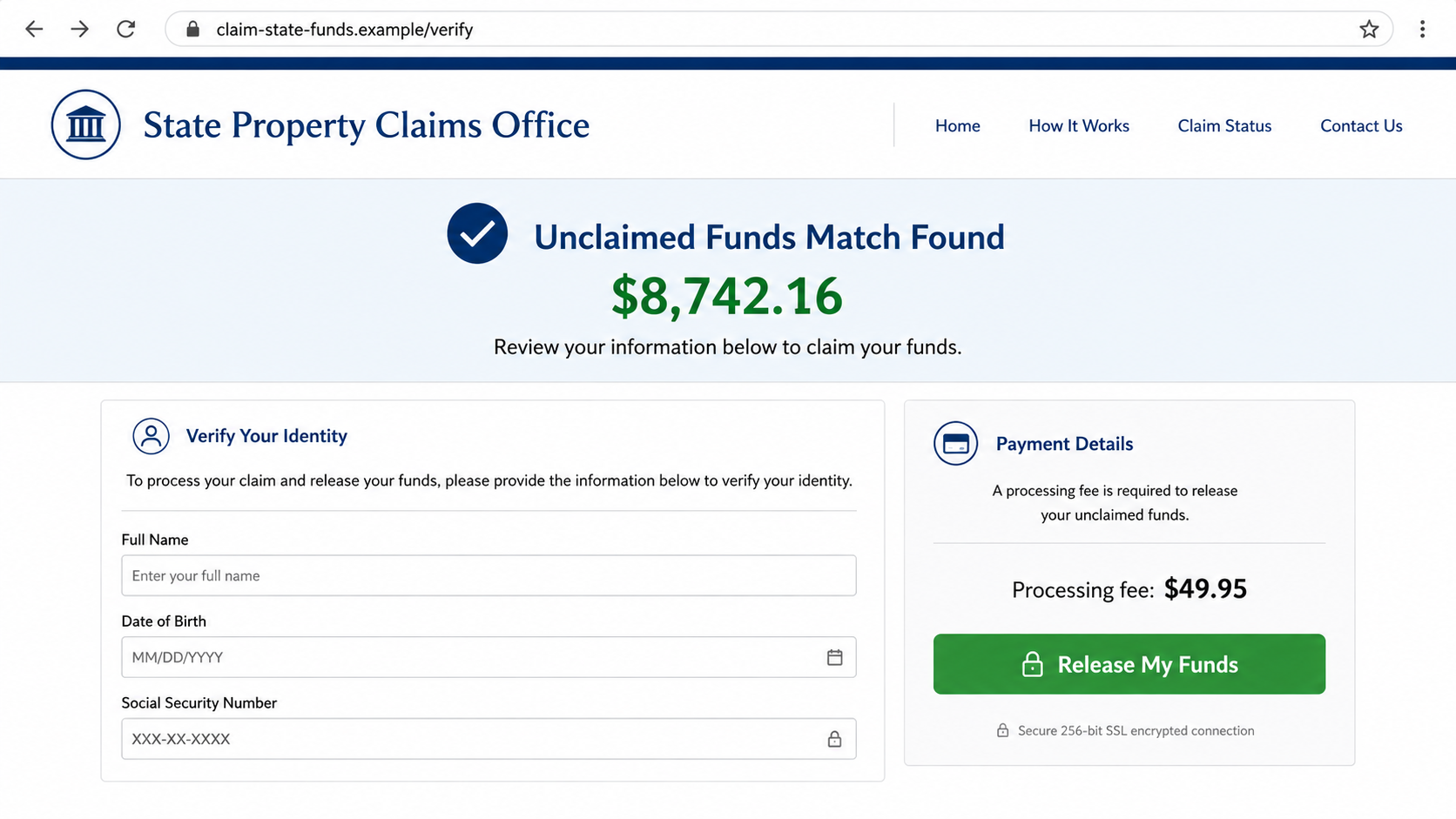 Fake unclaimed funds website requesting identity details and a processing fee