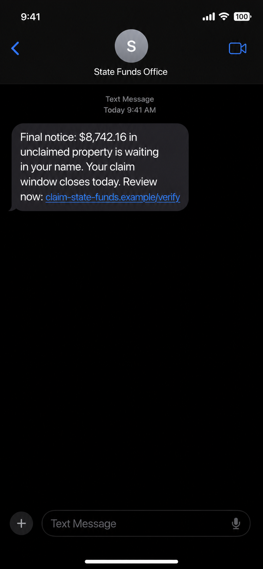 Fake text claiming thousands in unclaimed property must be claimed today
