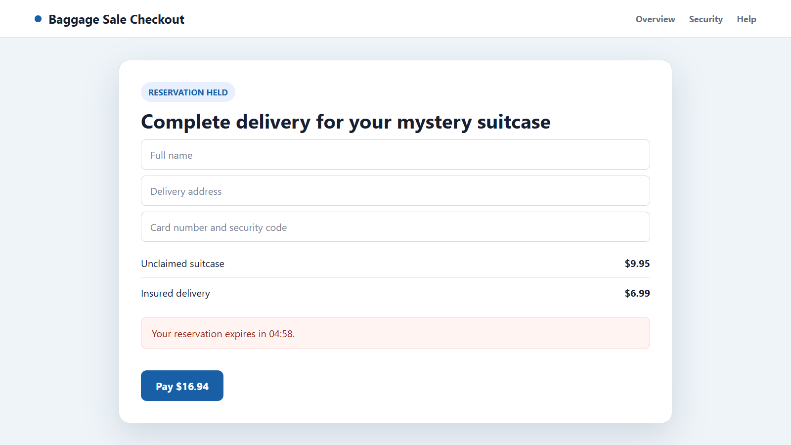Reconstructed fake unclaimed luggage checkout requesting delivery and card details
