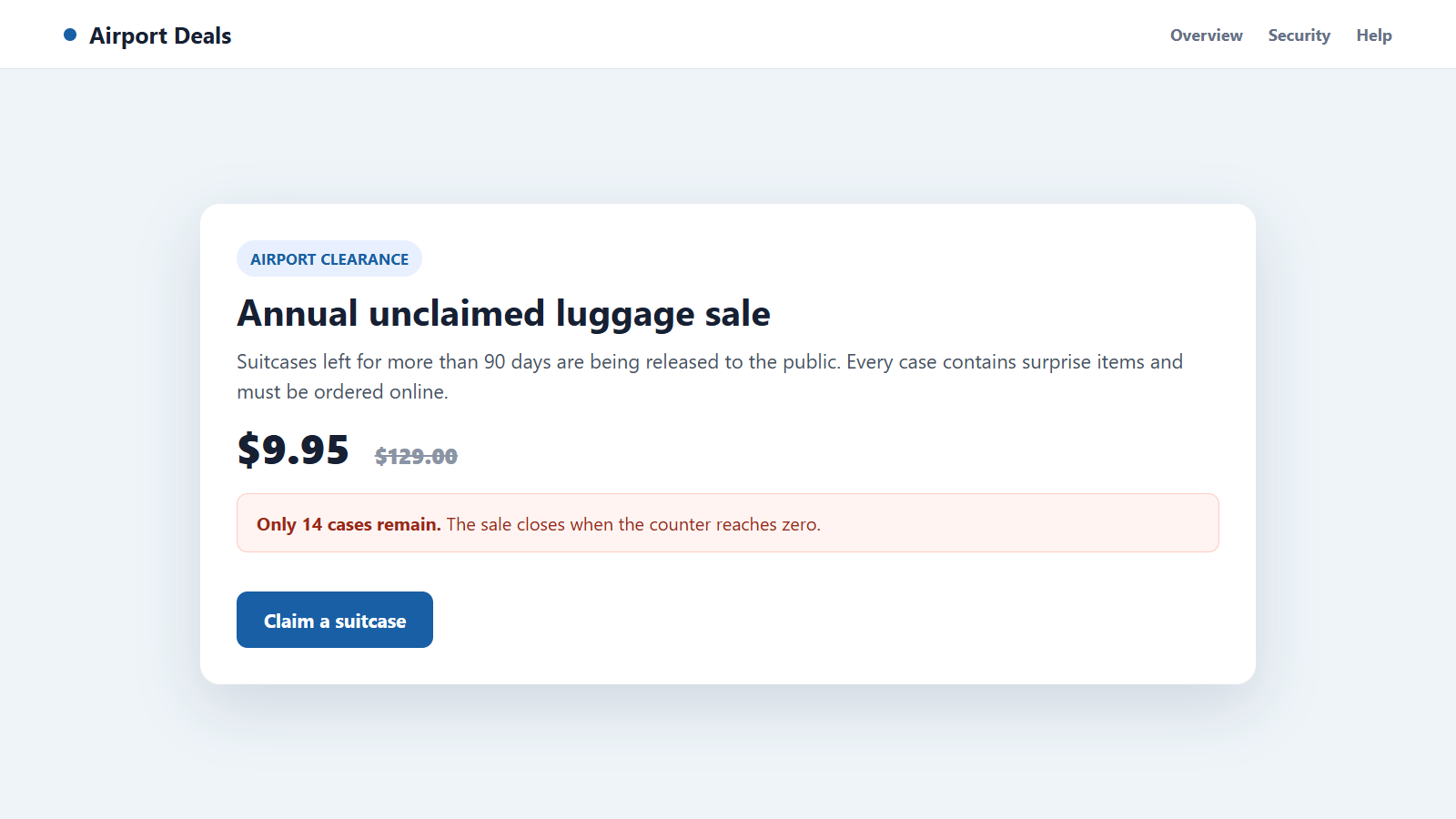 Reconstructed unclaimed luggage sale scam post advertising mystery airport suitcases