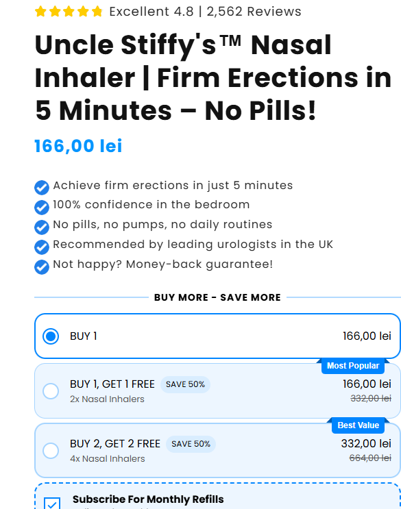 Uncle Stiffys nasal inhaler sales page showing its five-minute performance claim
